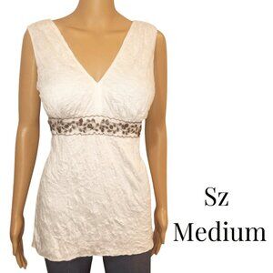 White Tank Top With Embellished Rhinestone Belting & V Neck, Sz Medium, Karen Ka